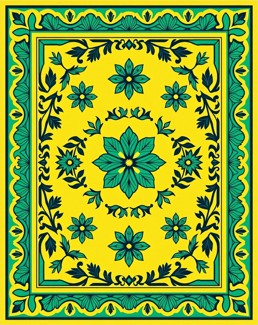 Vibrant Yellow Floral Border Pattern Rug