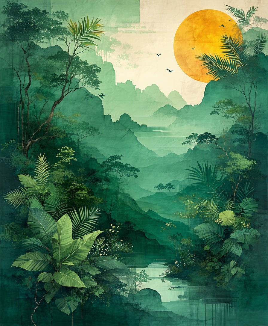 Misty Jungle Landscape With Sun Design Rug