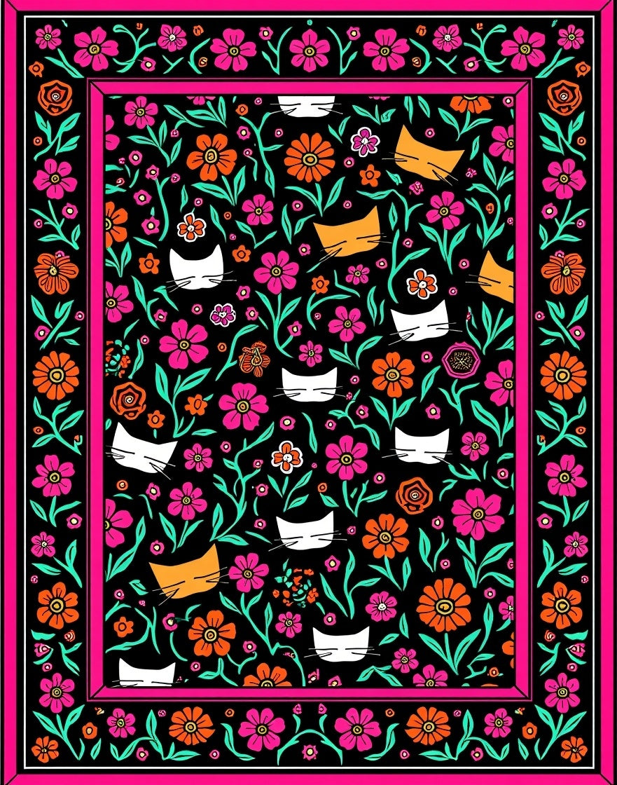 Whimsical Floral Cat Pattern Rug