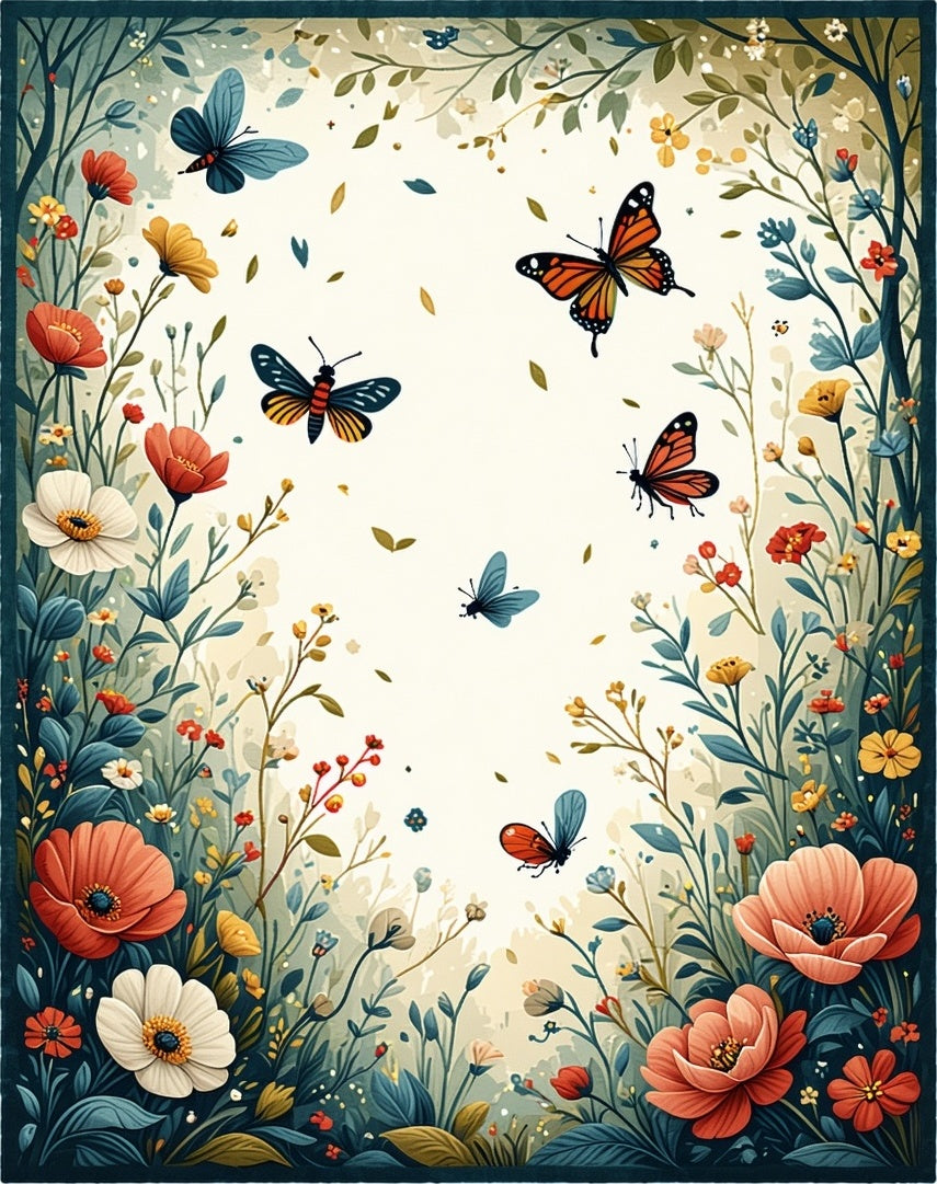 Whimsical Floral Butterfly Garden Design Rug