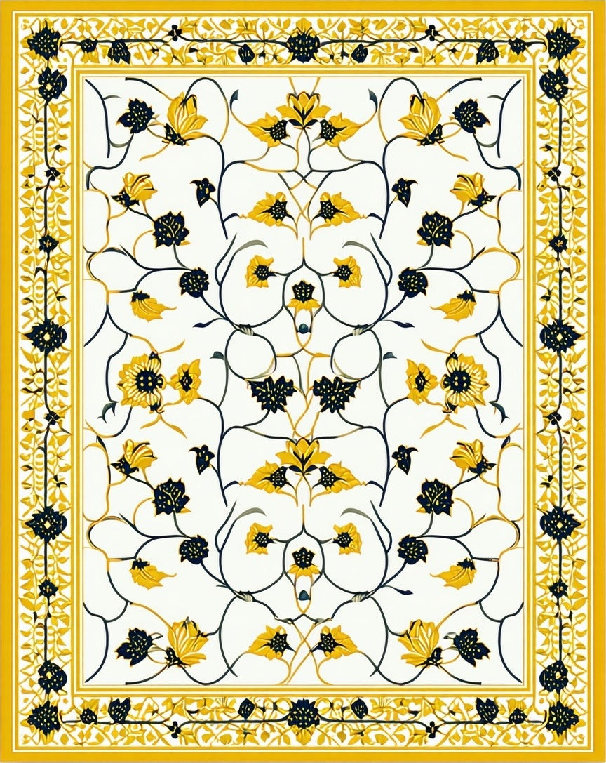 Yellow Navy Floral Vine Motif Rug