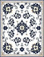 Navy Blue Cream Floral Square Tableau Rug