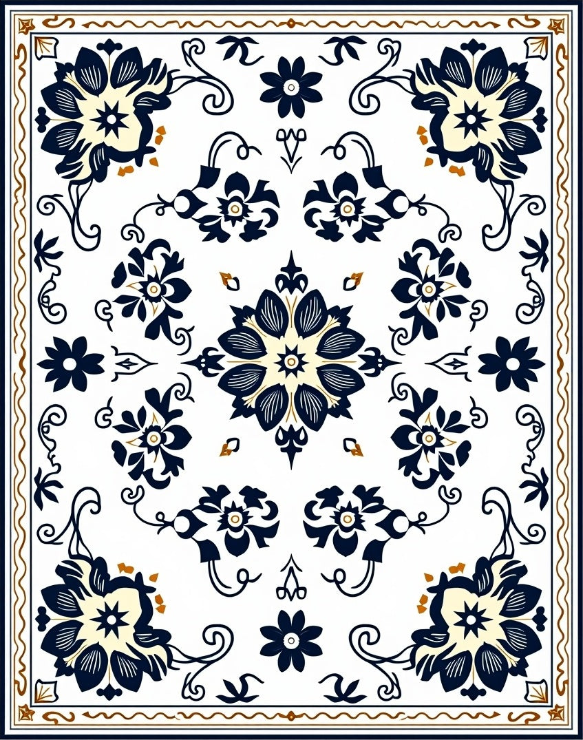 Navy Blue Cream Floral Square Tableau Rug