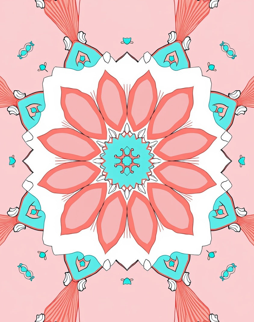 Coral Teal Floral Mandala Design Rug