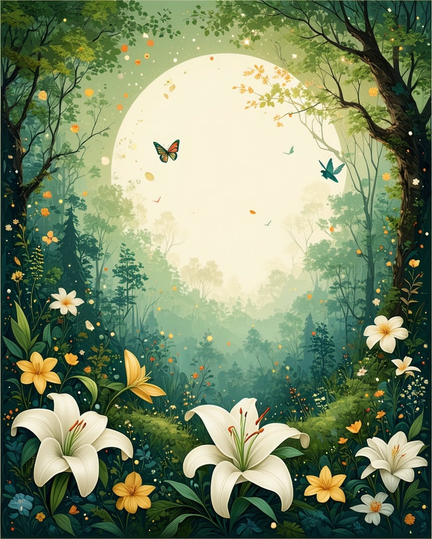Enchanting Forest Lily Garden Scene Rug