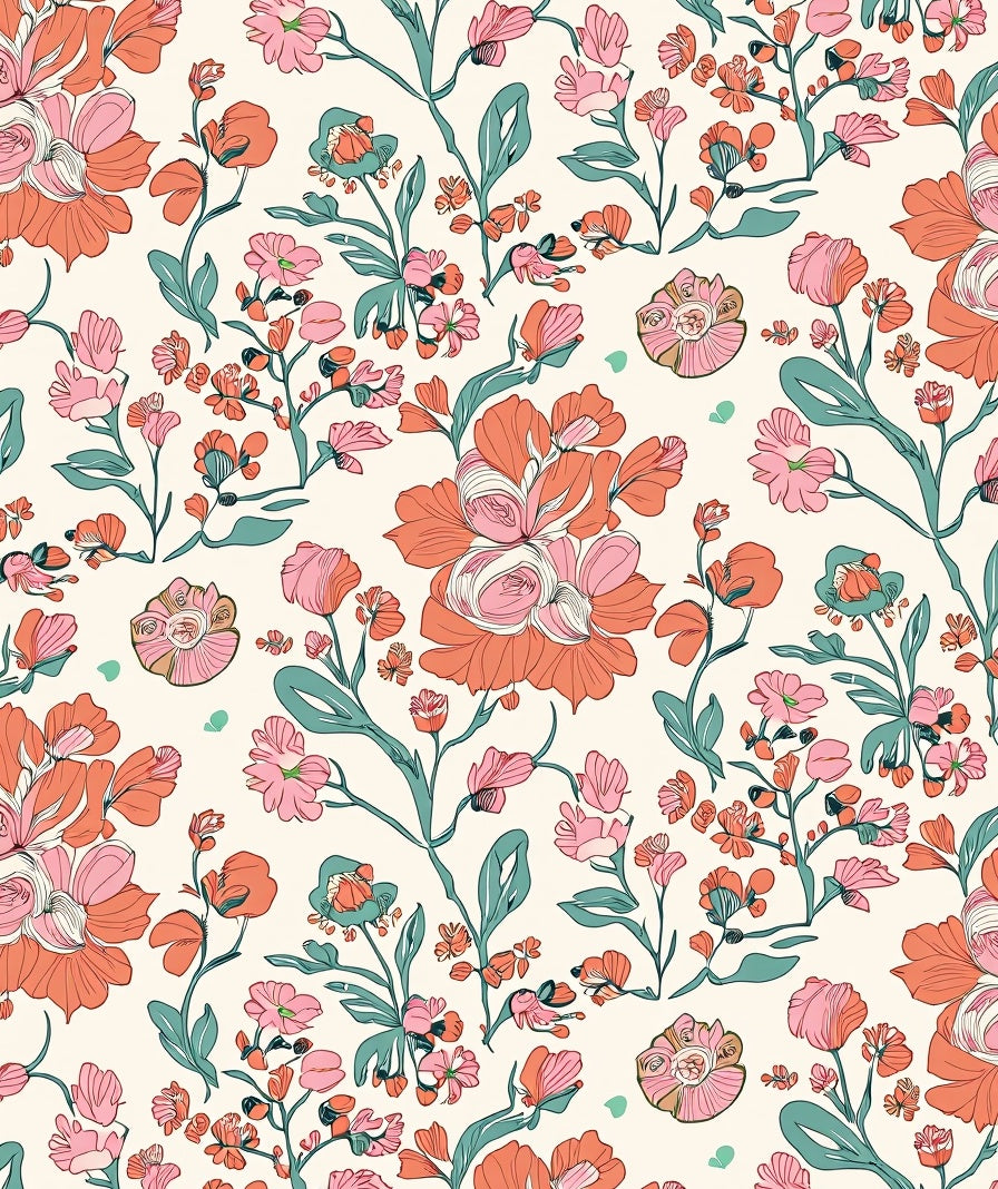 Coral Pink Floral Vine Pattern Rug