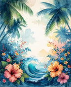 Tropical Hibiscus Wave Watercolor Design Rug