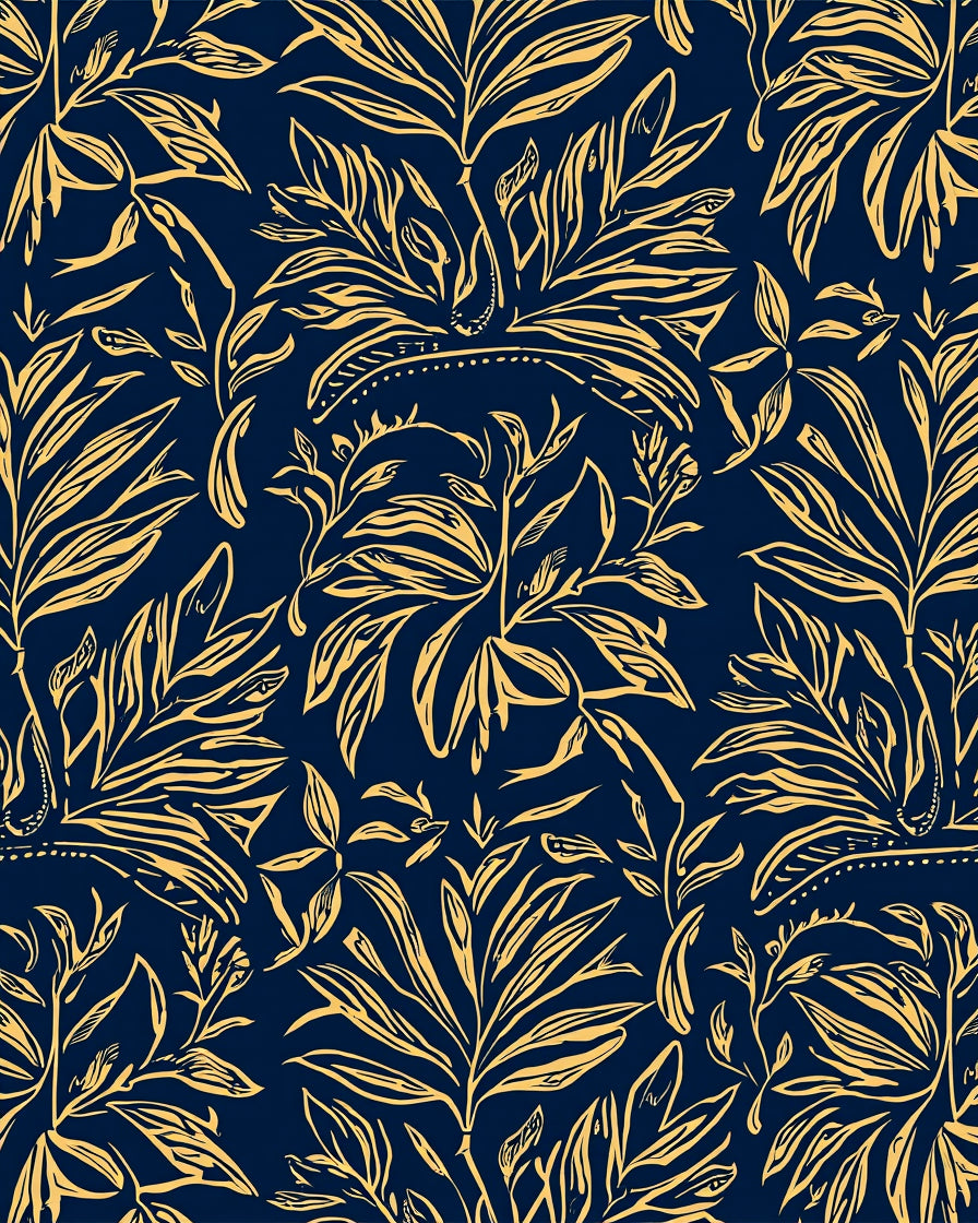Navy And Gold Tropical Leaf Design Rug