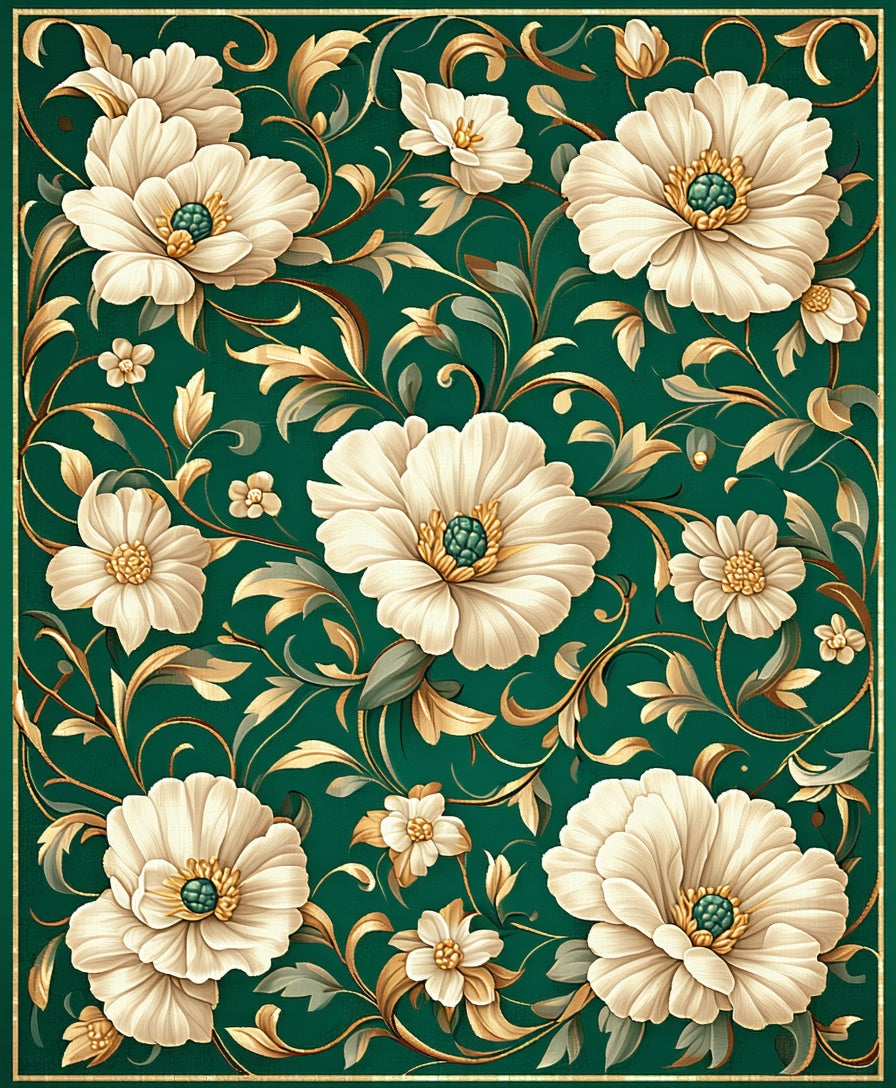 Elegant Emerald Floral Scroll Design Rug