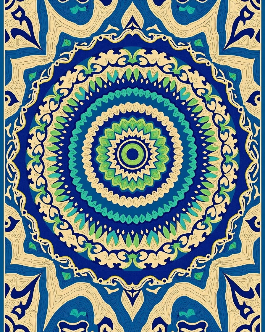 Vibrant Blue Green Mandala Floral Rug