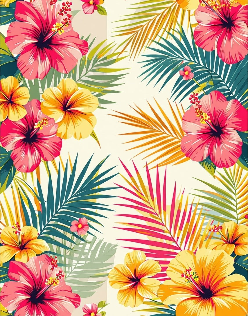 Tropical Hibiscus and Palm Leaf Pattern Rug