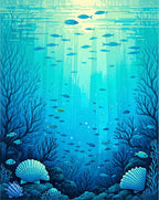 Submerged Teal Coral Fish Shell Design Rug