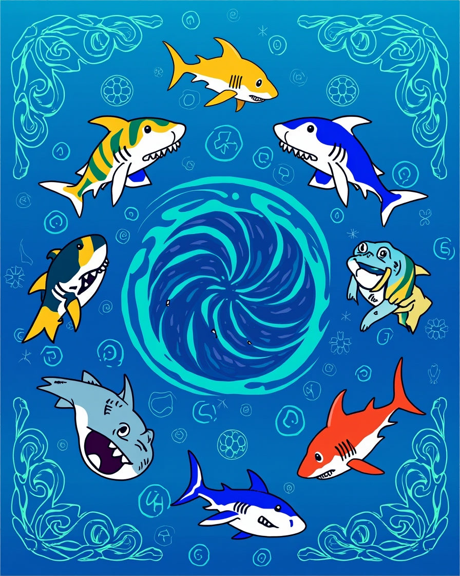 Playful Shark Friends Blue Whirlpool Design Rug