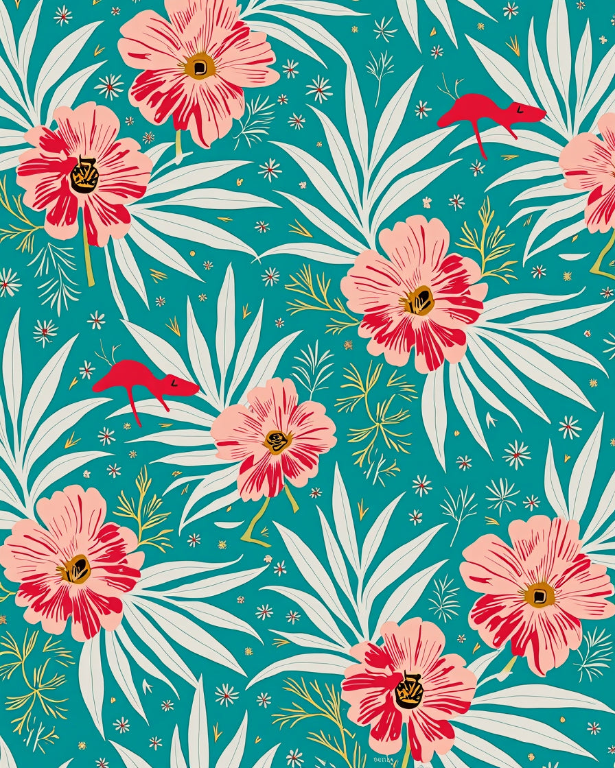 Whimsical Floral Crimson Creatures Design Rug
