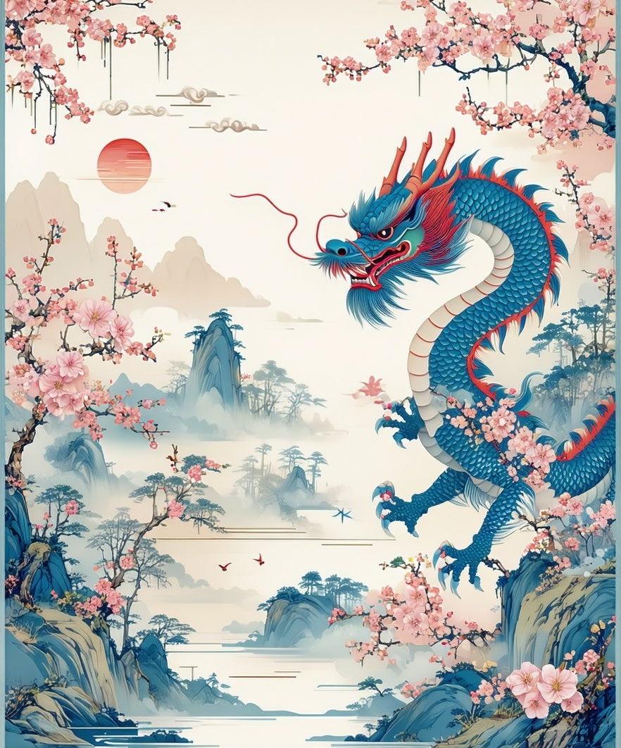 Dragon cherry blossom landscape art Rug