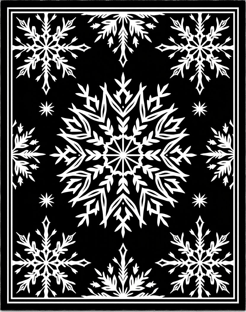 Black White Snowflake Winter Medallion Rug