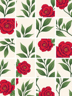 Red Rose Green Leaf Grid Design Rug