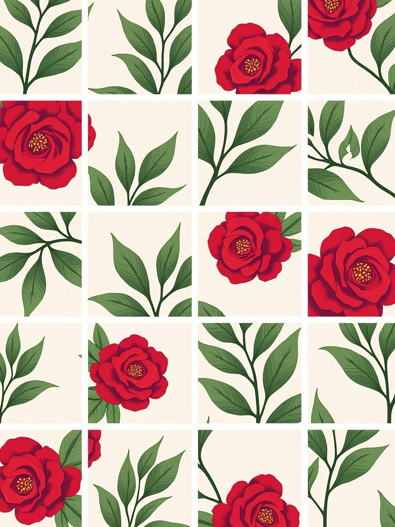Red Rose Green Leaf Grid Design Rug