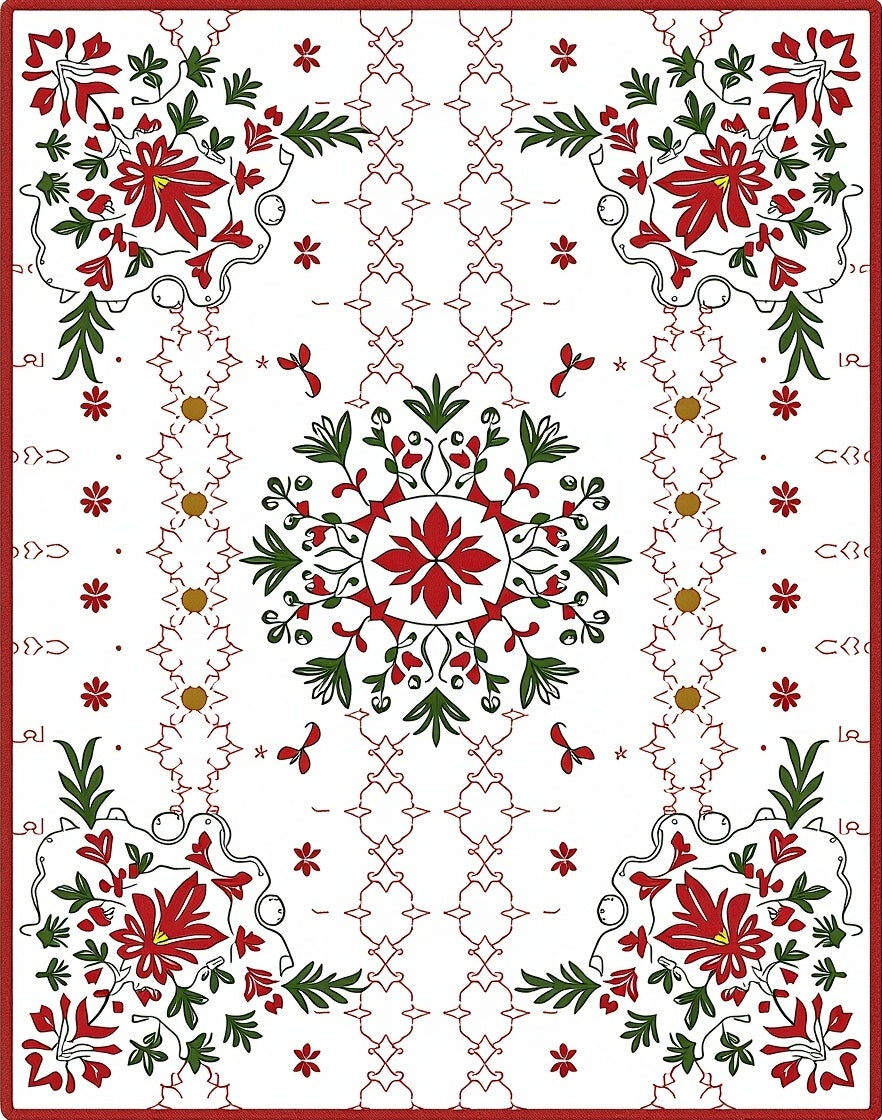 Crimson Green Floral Symmetry Medallions Rug