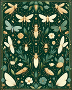 Green Insect Botanical Floral Design Rug