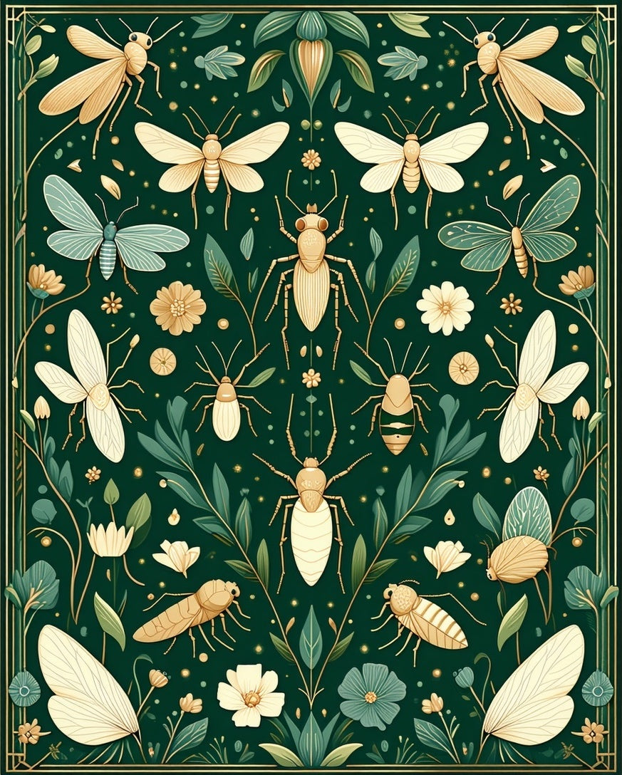 Green Insect Botanical Floral Design Rug
