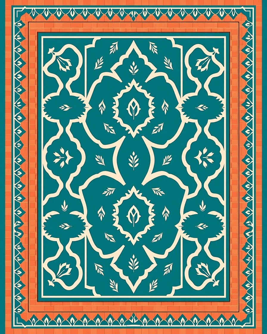 Teal Orange Floral Intricate Pattern Rug