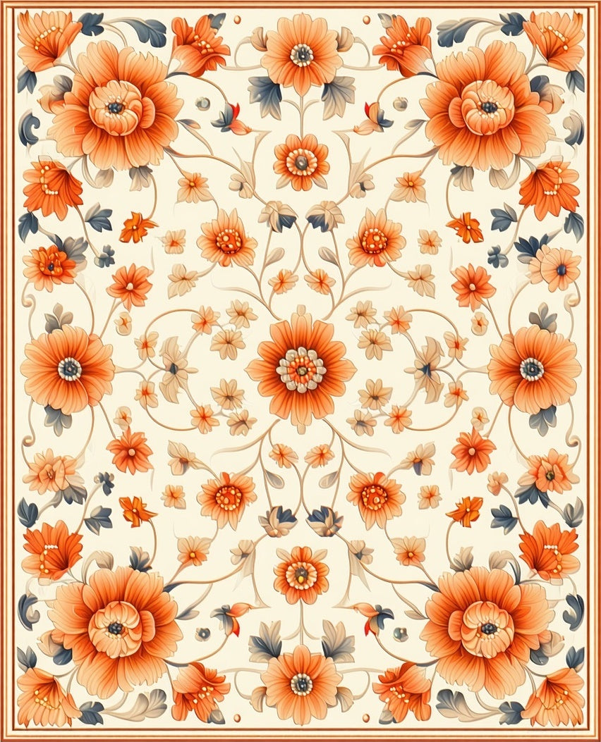 Orange Floral Vine Intricate Pattern Rug