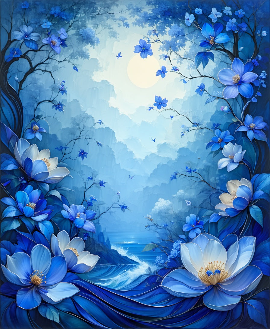 Mystical Blue Floral Landscape Rug
