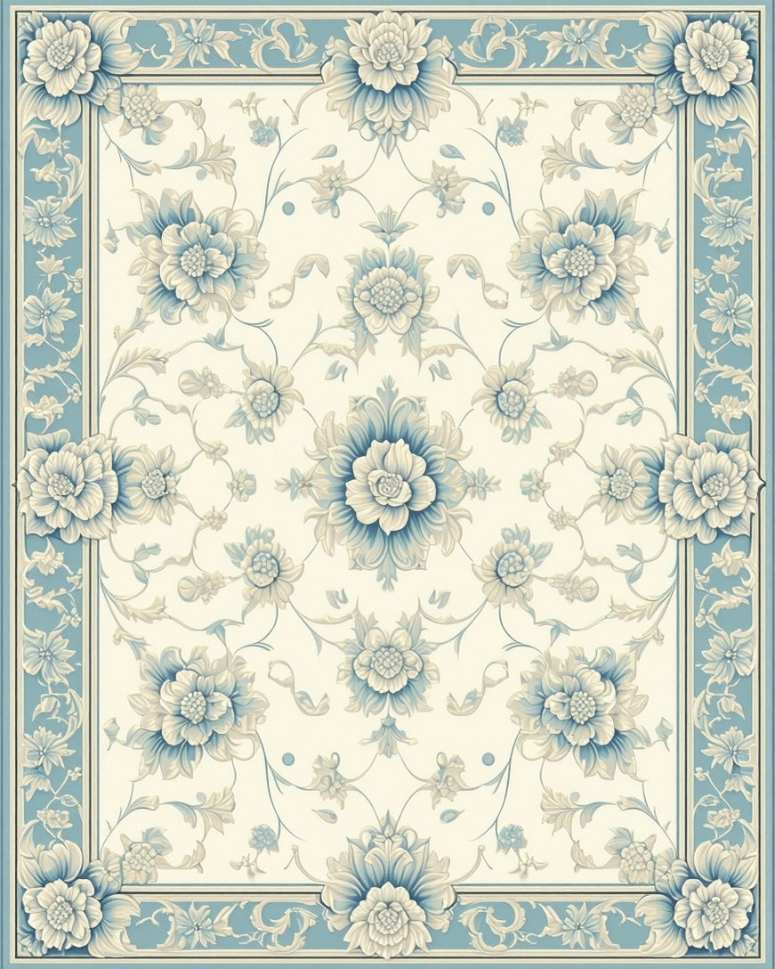 Classic Blue Floral Scrollwork Area Rug