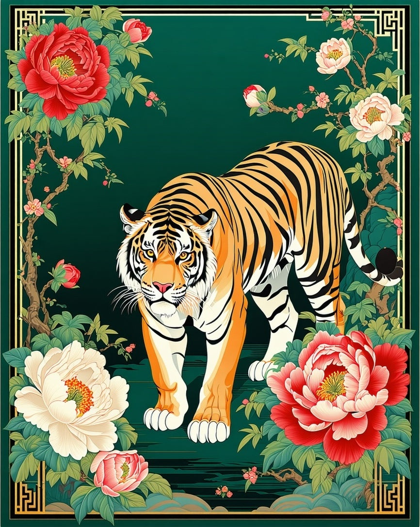 Majestic Tiger with Peony Garden Design Rug