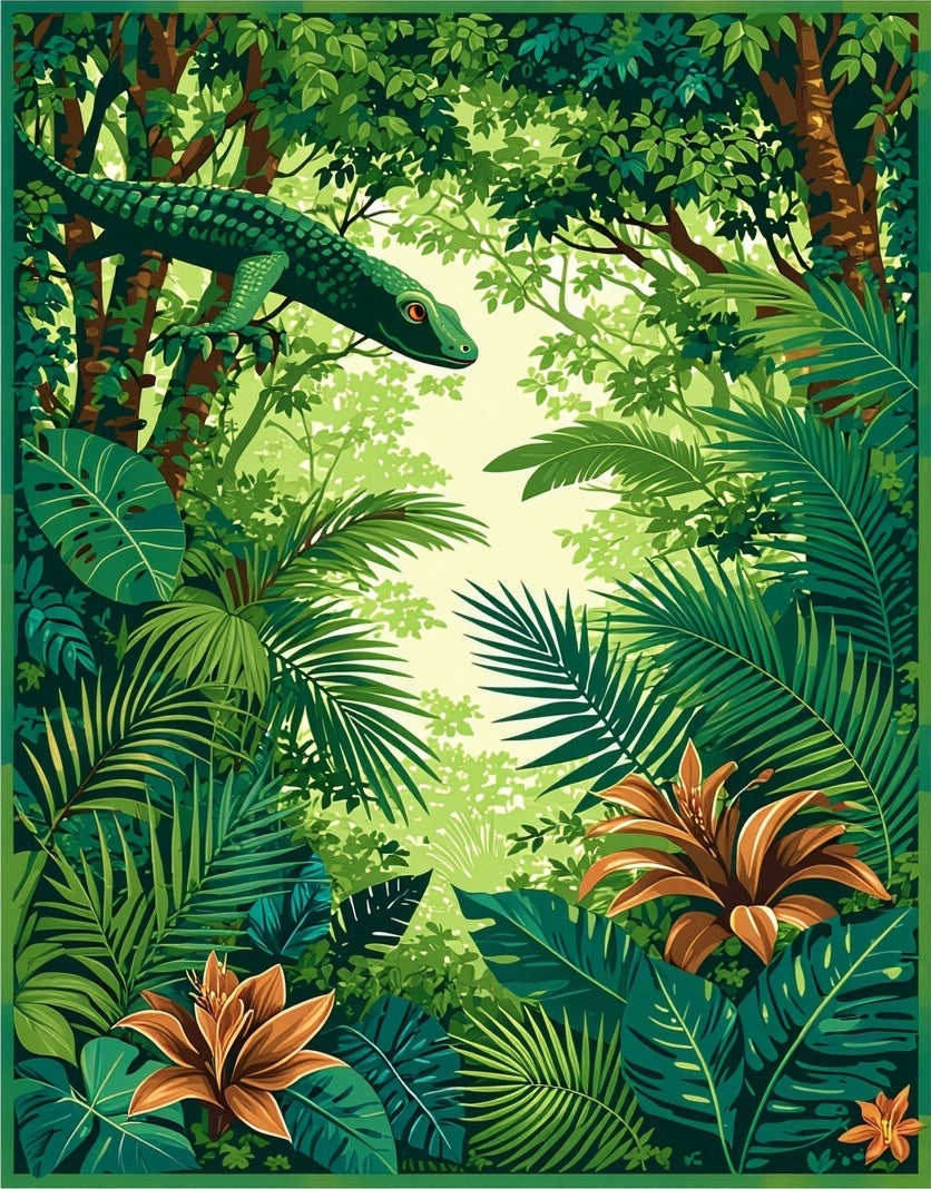 Lush Jungle Lizard Floral Design Rug