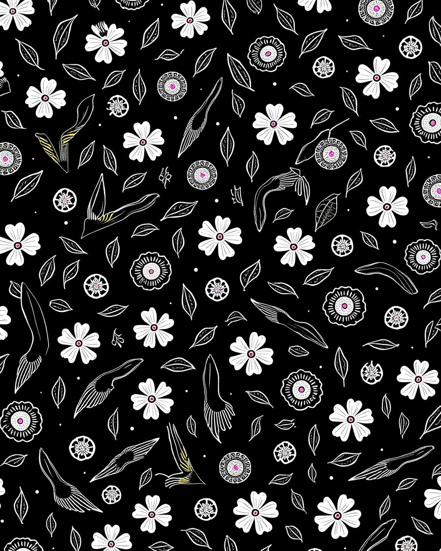 Whimsical White Floral Pattern Black Rug