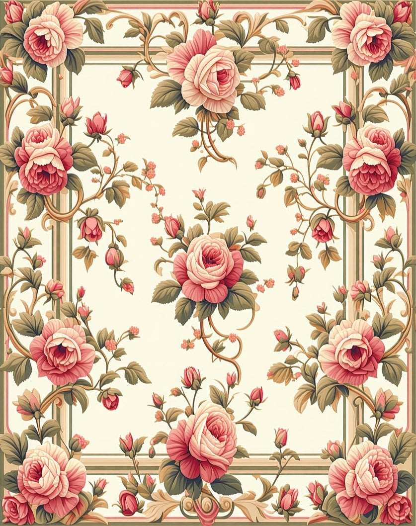 Vintage Rose Blossom With Scrollwork Design Rug