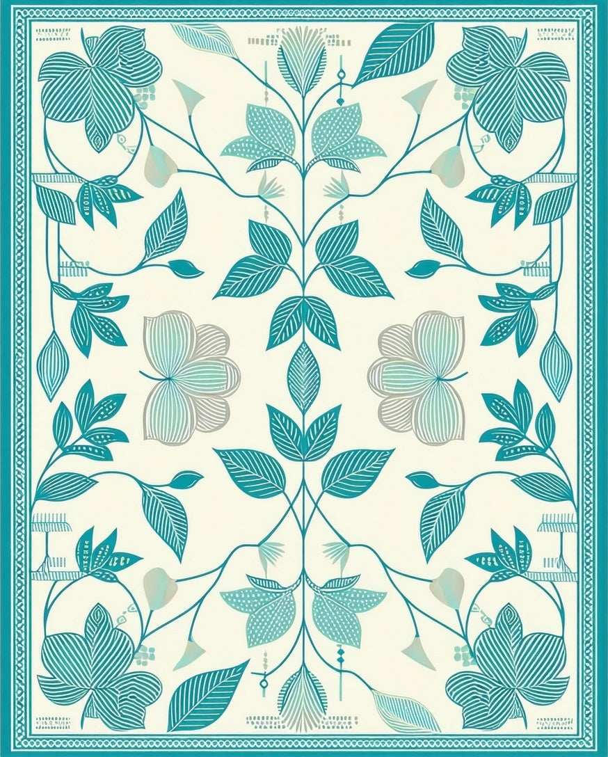 Teal Floral Botanical Pattern Rug