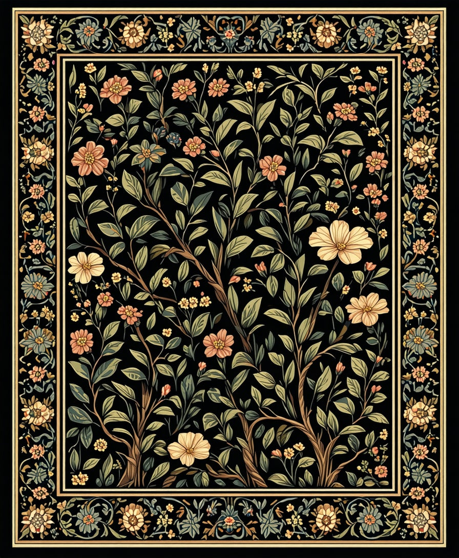 Dark Floral Tree of Life Pattern Rug