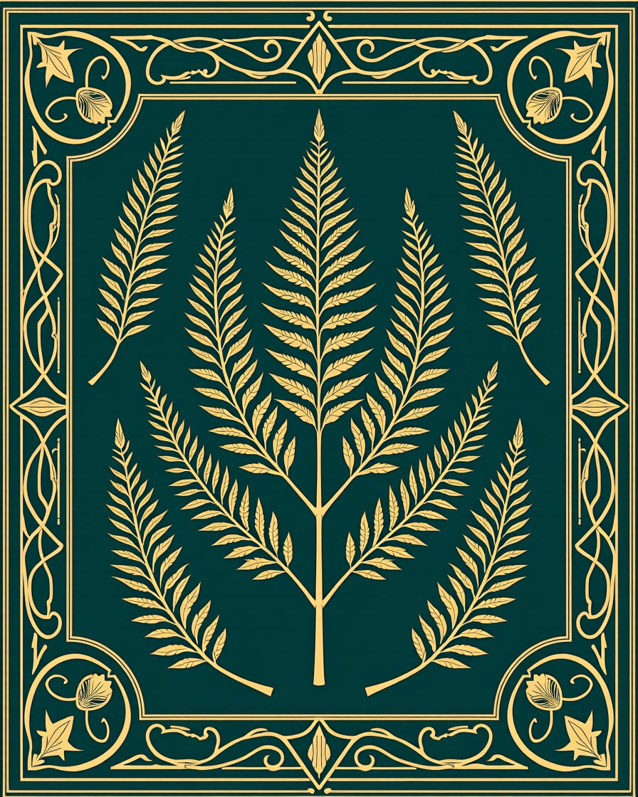 Gold Fern Swirls Green Frame Rug