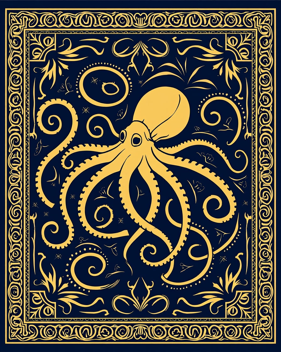 Navy Yellow Octopus Ornamental Pattern Rug