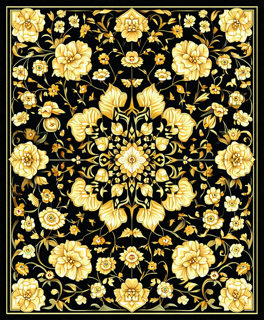 Golden Floral Symmetry Pattern Rug
