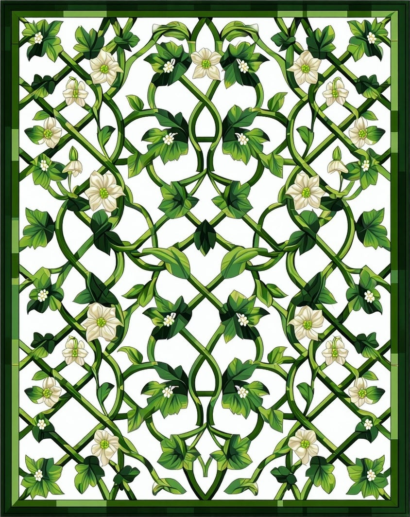 Green Vine White Flower Pattern Rug