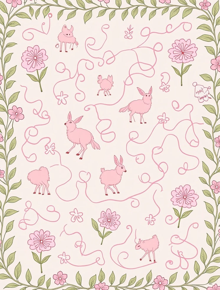 Whimsical Pink Animals Blossom Pattern Rug