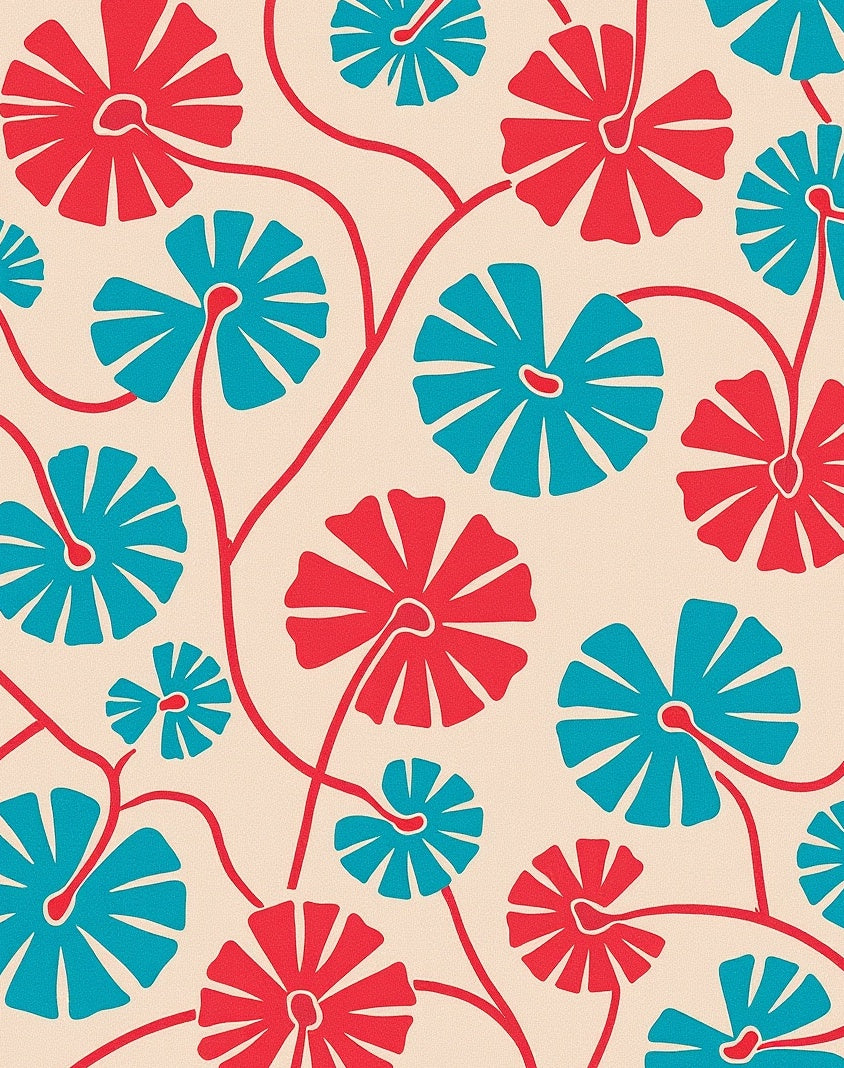 Red Blue Floral Vine Pattern Rug