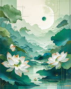 Serene Lotus Mountains Landscape Rug