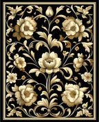 Ornate Floral Swirls Black Gold Rug