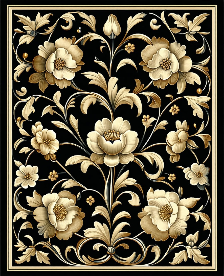 Ornate Floral Swirls Black Gold Rug