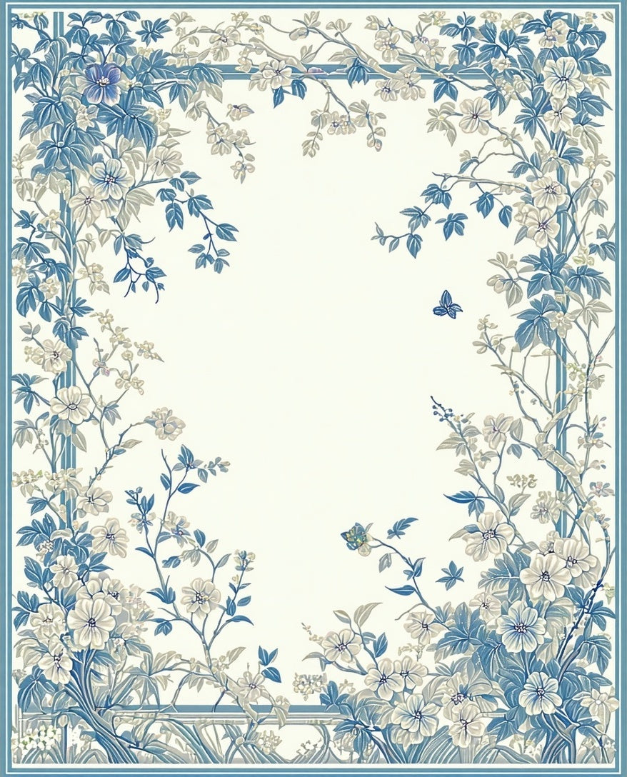 Blue Floral Vines With Butterflies Design Rug