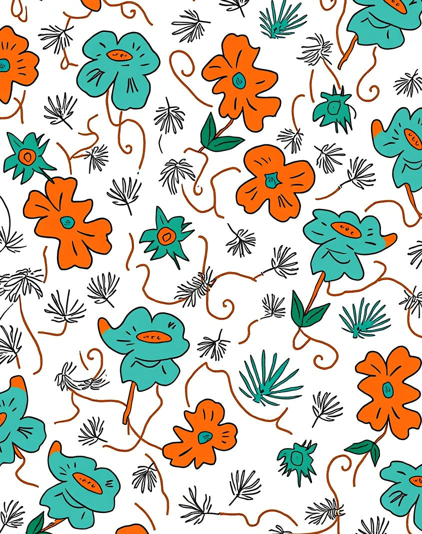 Playful Floral Pattern With Orange And Teal Rug