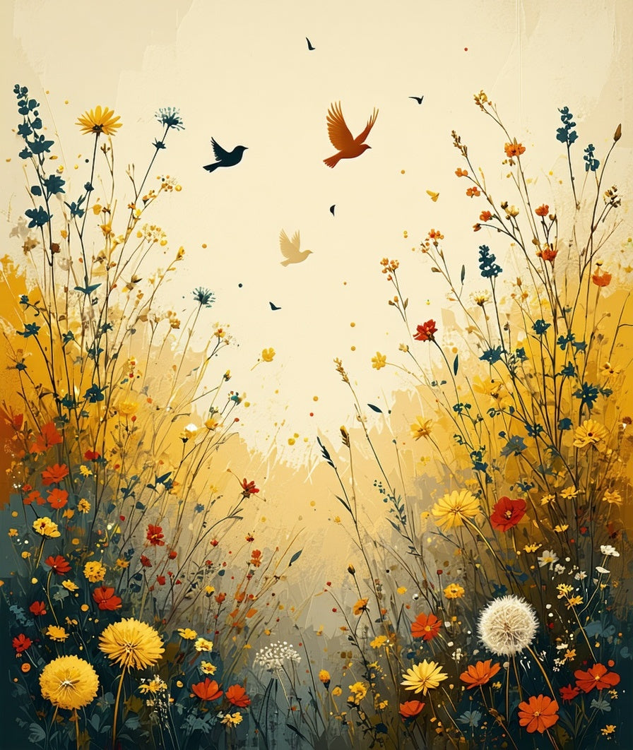 Wildflowers and Birds Impressionist Artwork Rug