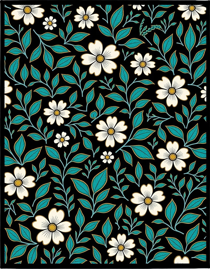 Dark Floral White Outline Pattern Rug