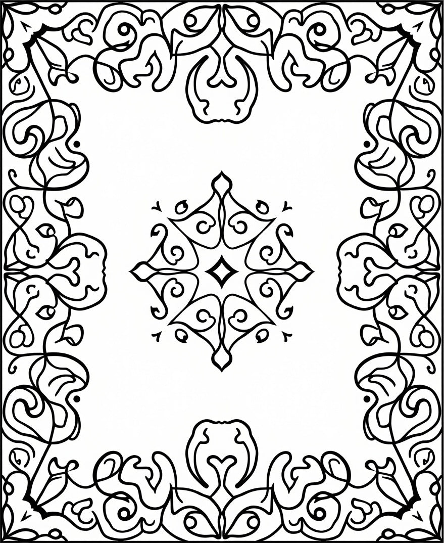 Ornate Black Scrollwork Medallion Border Rug