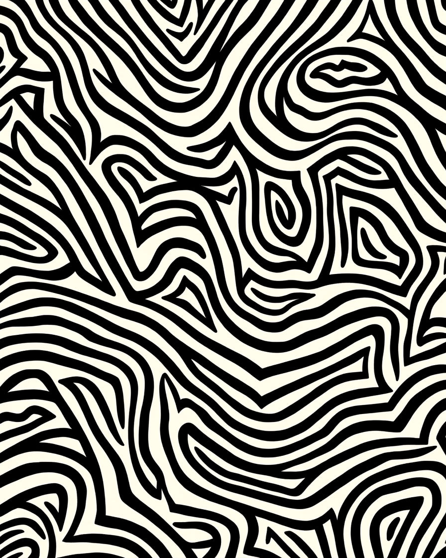 Abstract Black White Wavy Lines Design Rug